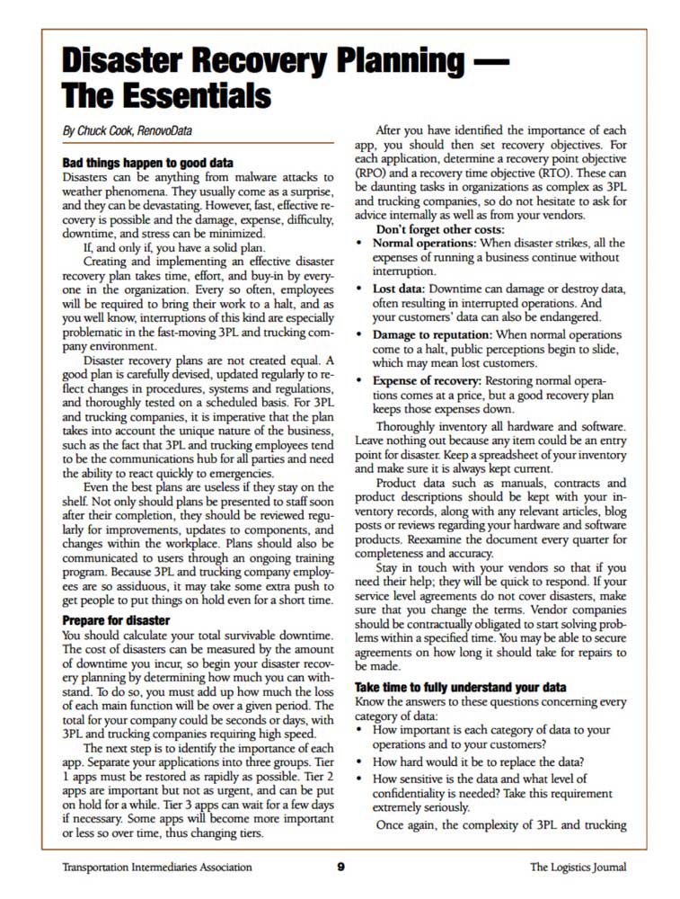 Logistics Journal Article - Disaster Recover Planning