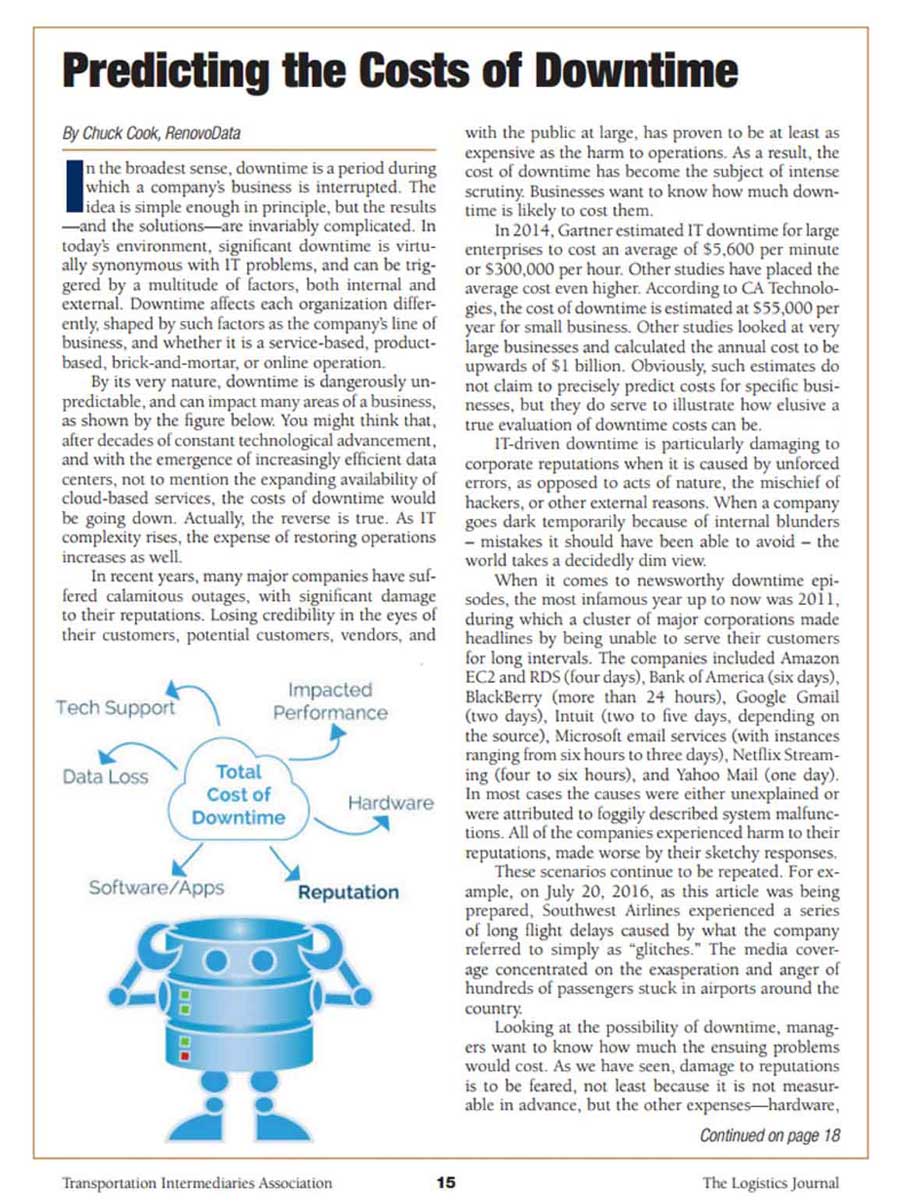 Predicting the Costs of Downtime - as Featured in the Logistics Journal, August 2016